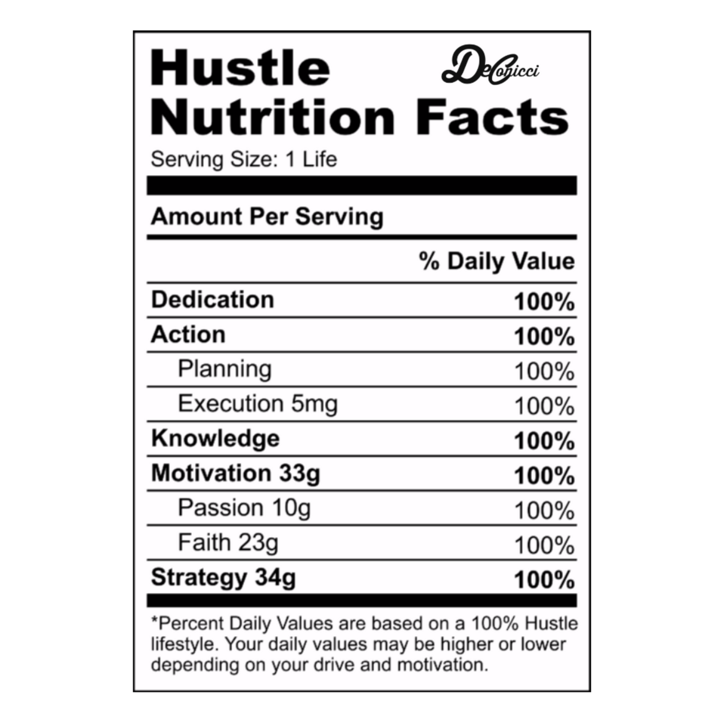 Humble Hustle short sleeve, with hustle nutrition facts on sleeve.
