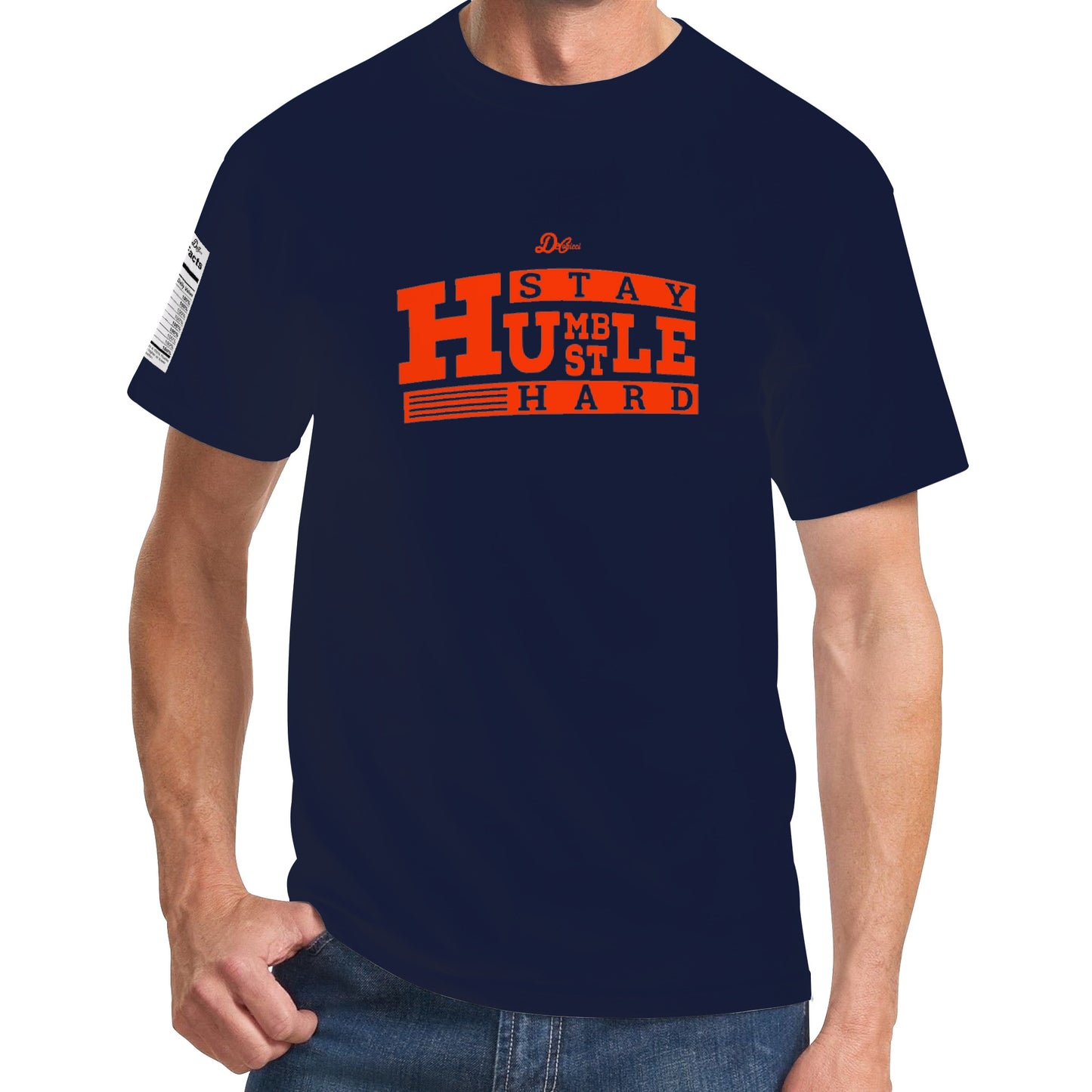 Humble Hustle short sleeve, with hustle nutrition facts on sleeve.