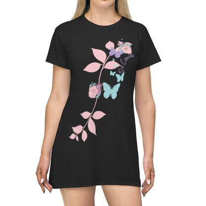 Beautiful Black T-Shirt Dress With Hearts Through Time Logo